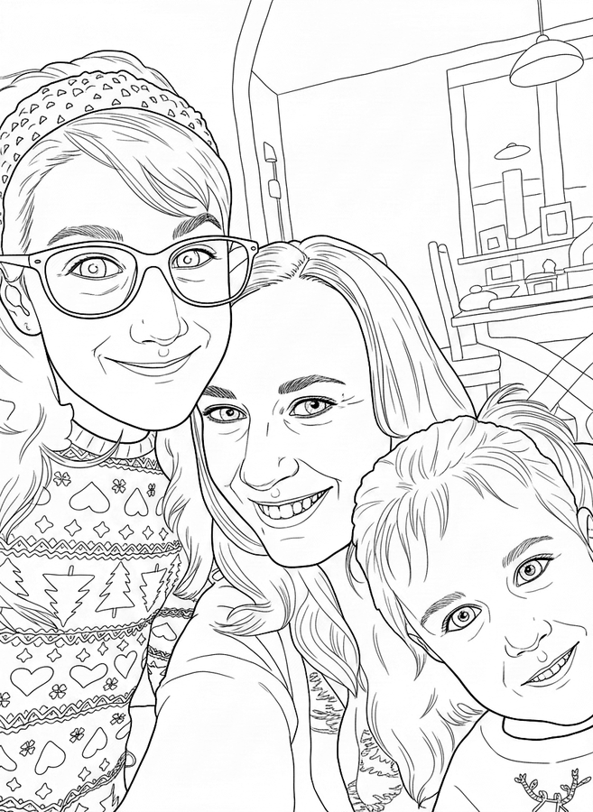 Colouring page of a family of five outdoors