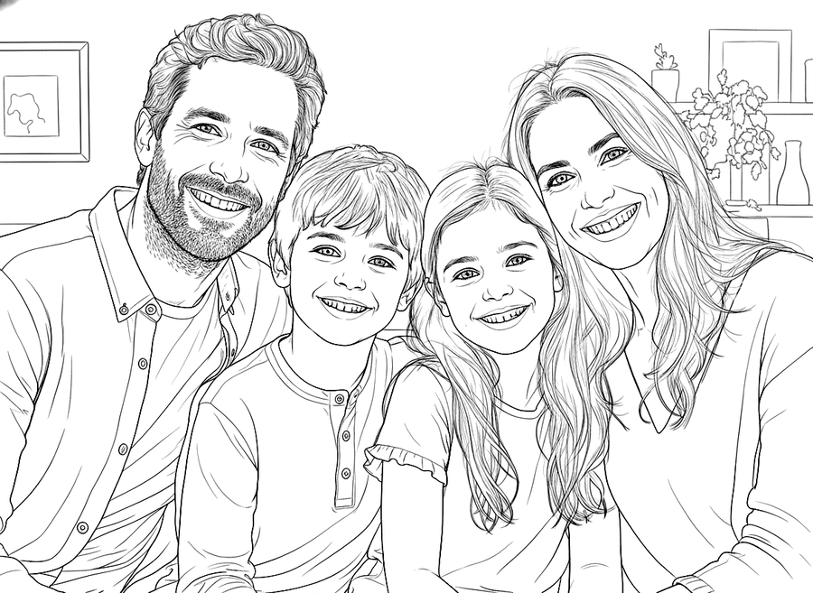 Colouring page of a family of four