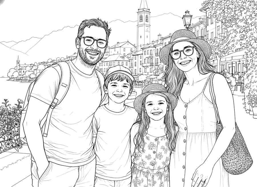 Colouring page of a family at an Italian lakeside town