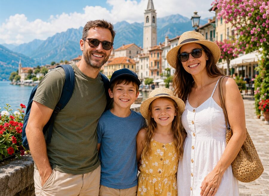 Original photo of a family at an Italian lakeside town