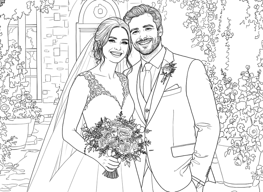 Colouring page of a bride and groom