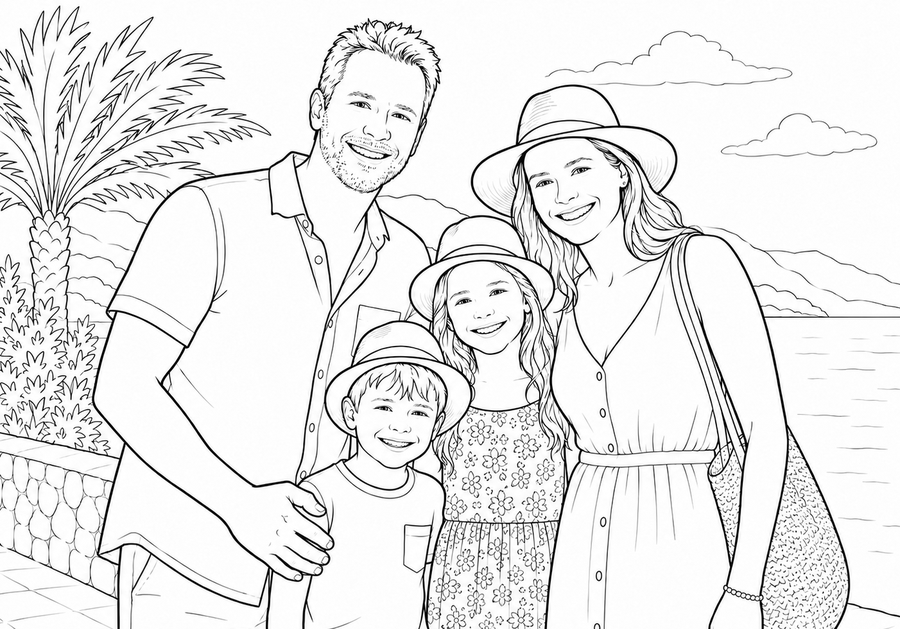 Colouring page of a family on a seaside walk