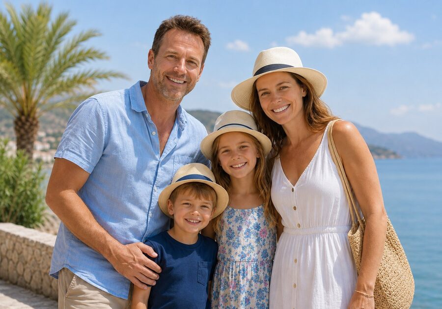 Original photo of a family on a seaside walk