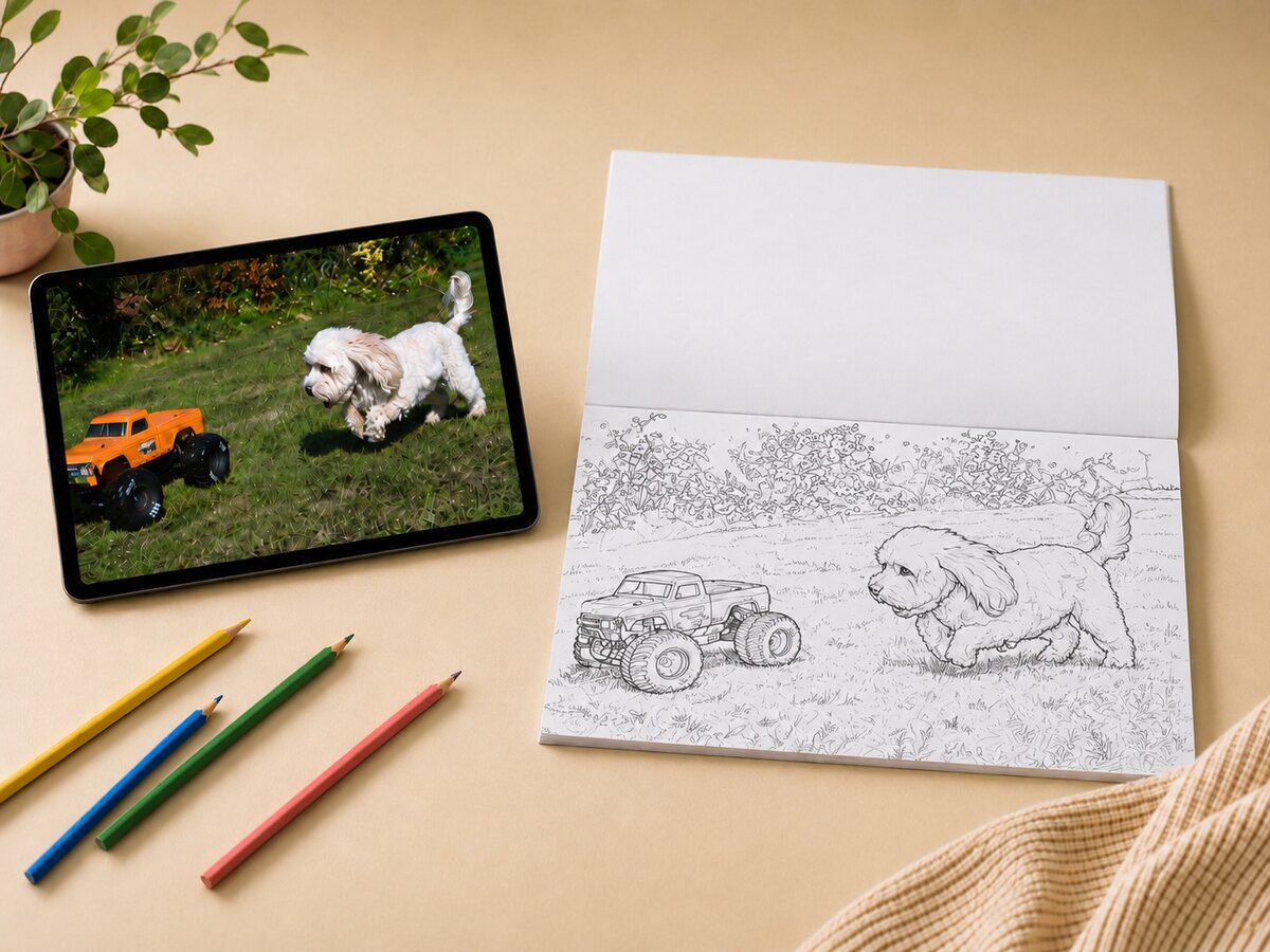 A personalised PicBooks colouring book featuring a much-loved dog