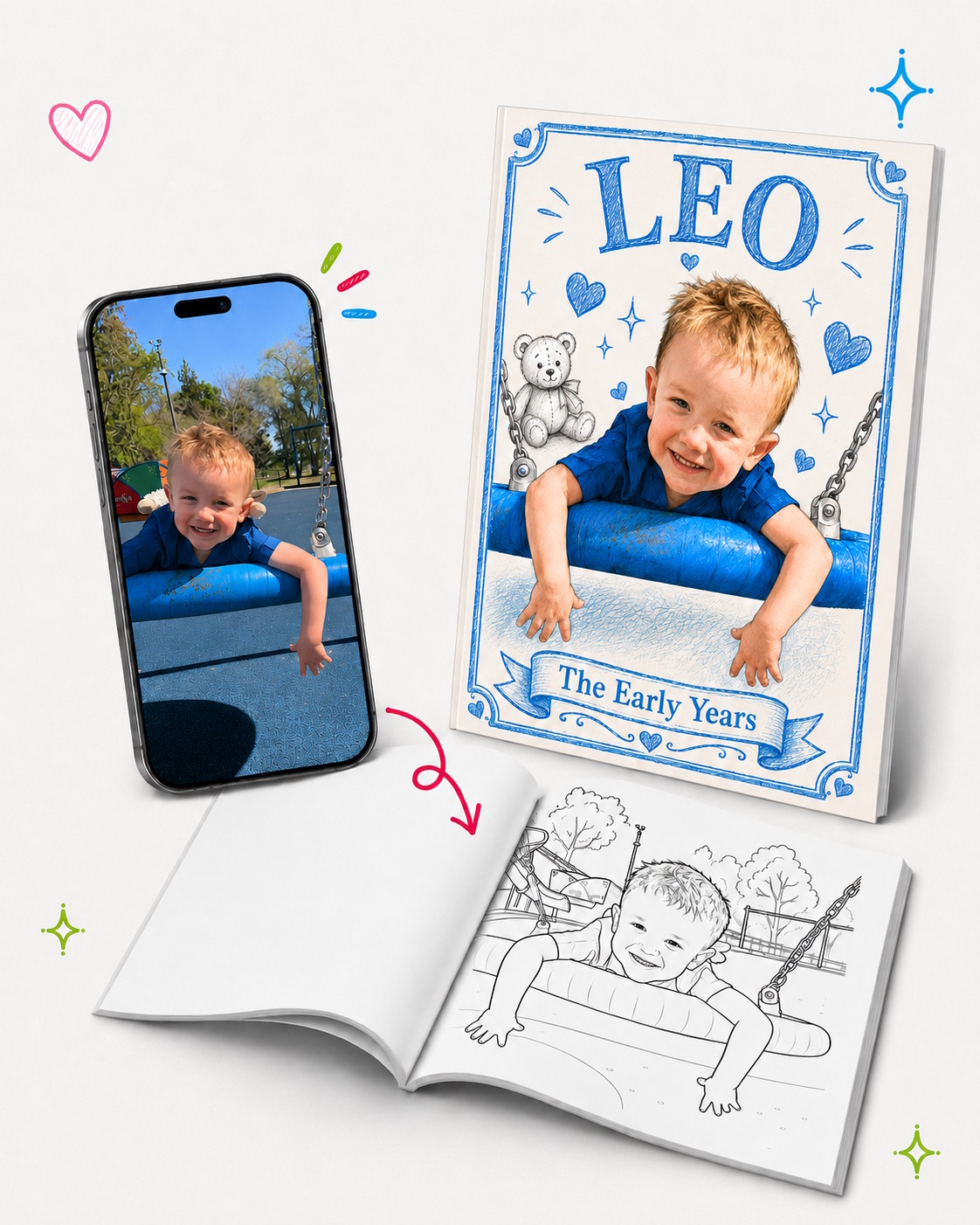 A photo on a phone, the matching personalised book cover, and the printed colouring page