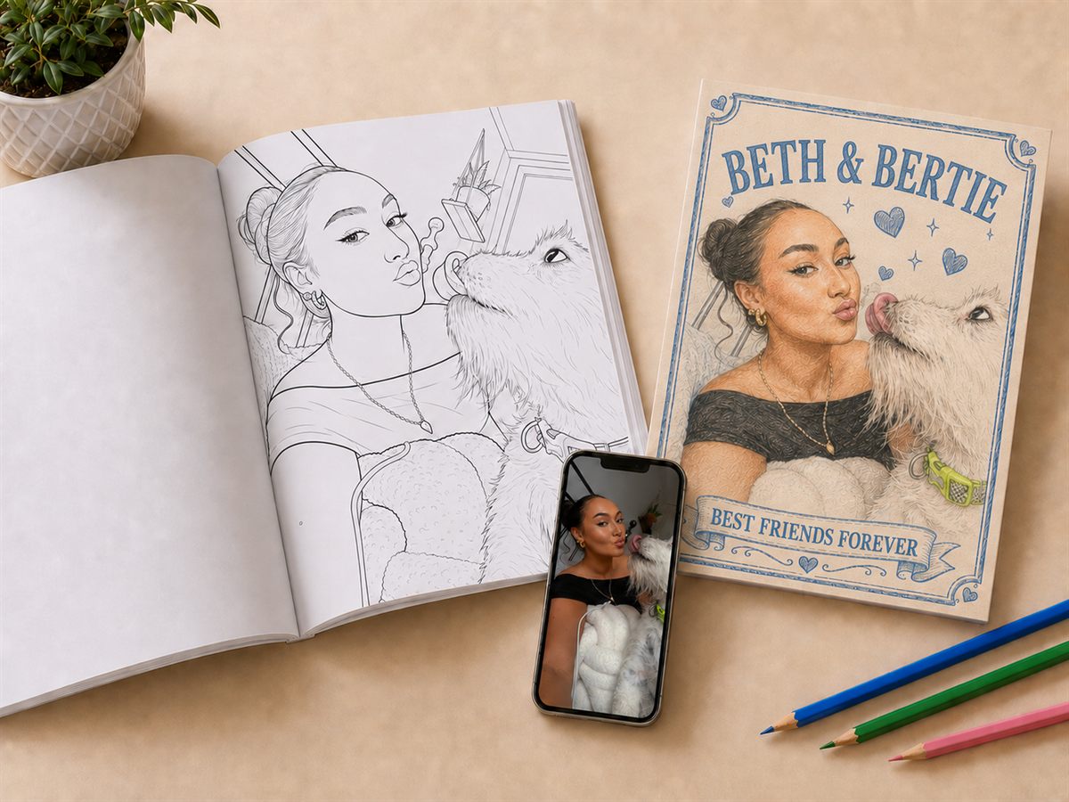 A photo of a woman and her dog on a phone, next to the same photo turned into a colouring book page and a coloured-in cover