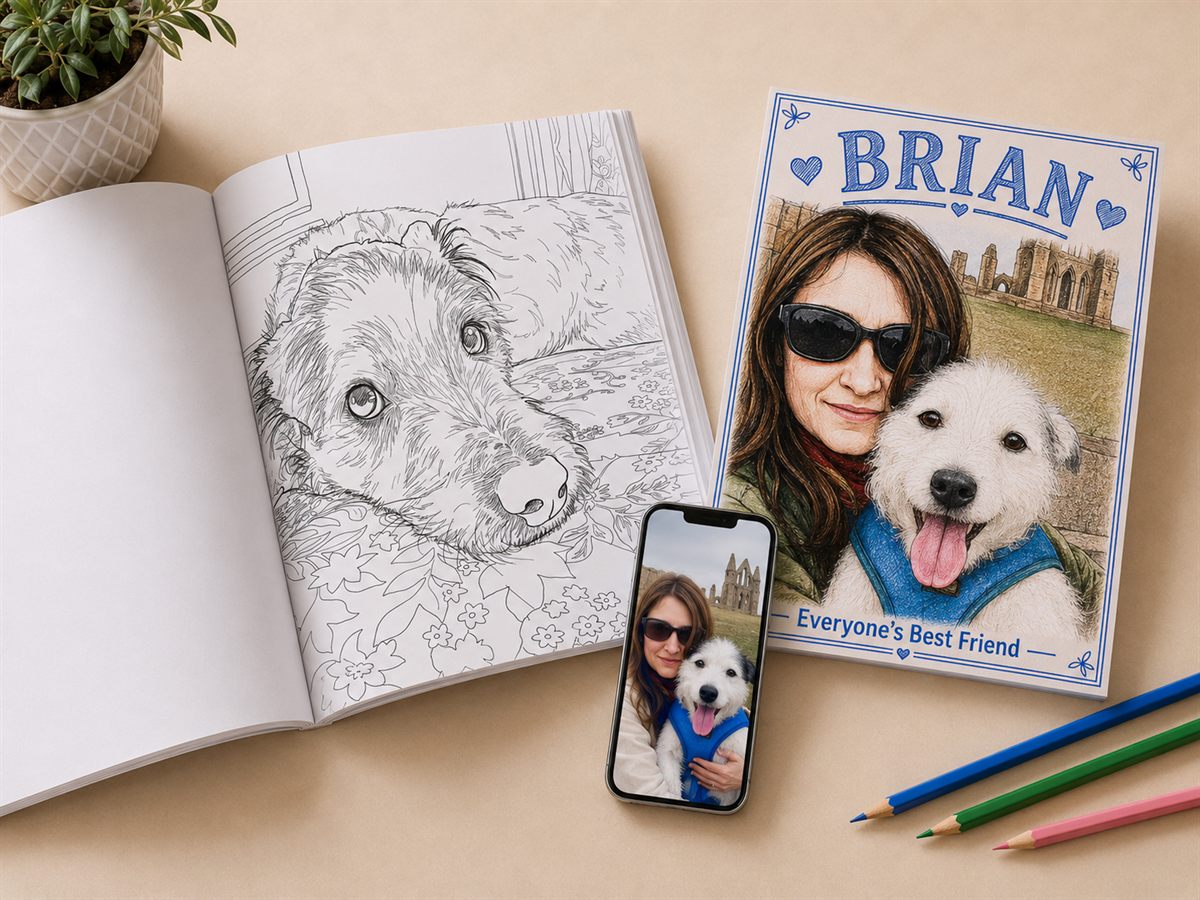 A photo of a woman and her dog on a phone, next to the same photo turned into a colouring book page and a coloured-in cover