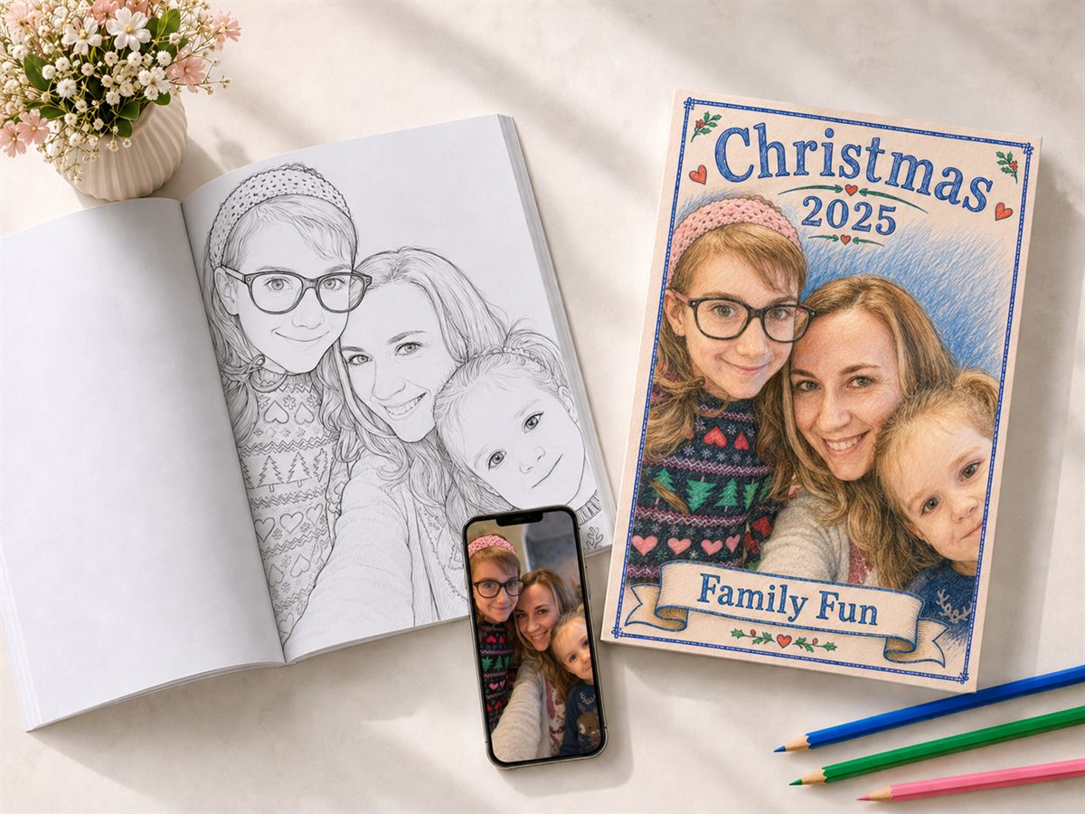 A family photo on a phone, next to the same photo turned into a colouring book page and a coloured-in cover