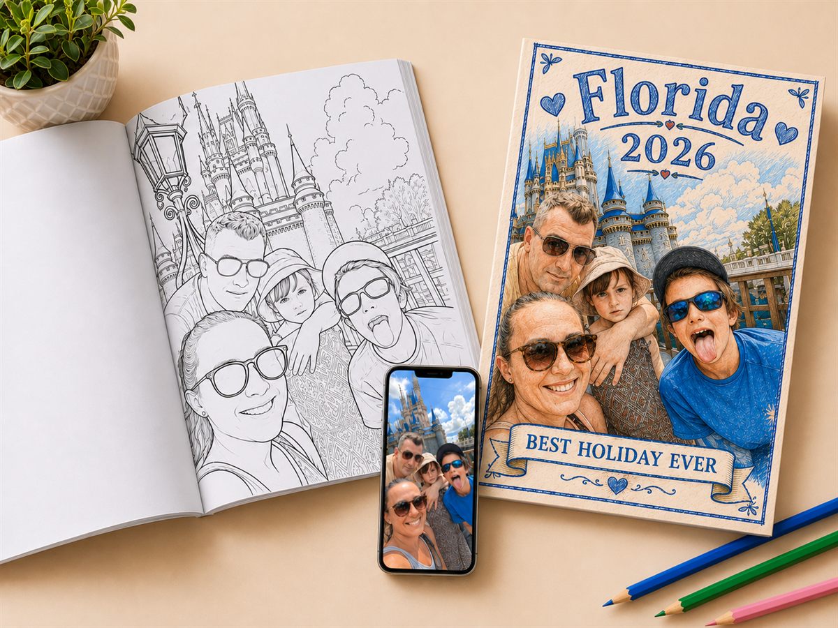 A family holiday photo on a phone, next to the same photo turned into a colouring book page and a coloured-in cover