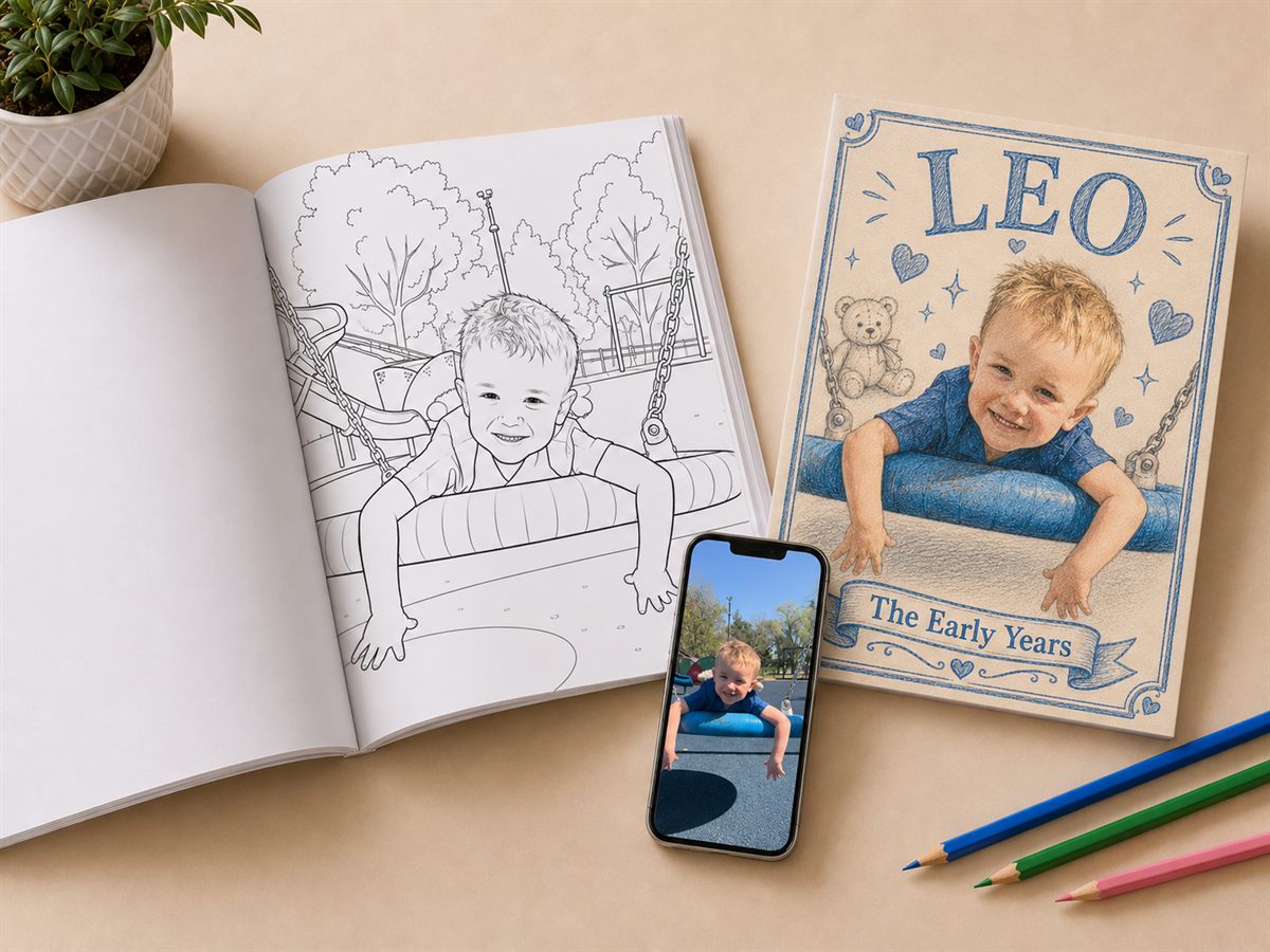 A photo of a little boy on a swing on a phone, next to the same photo turned into a colouring book page and a coloured-in cover