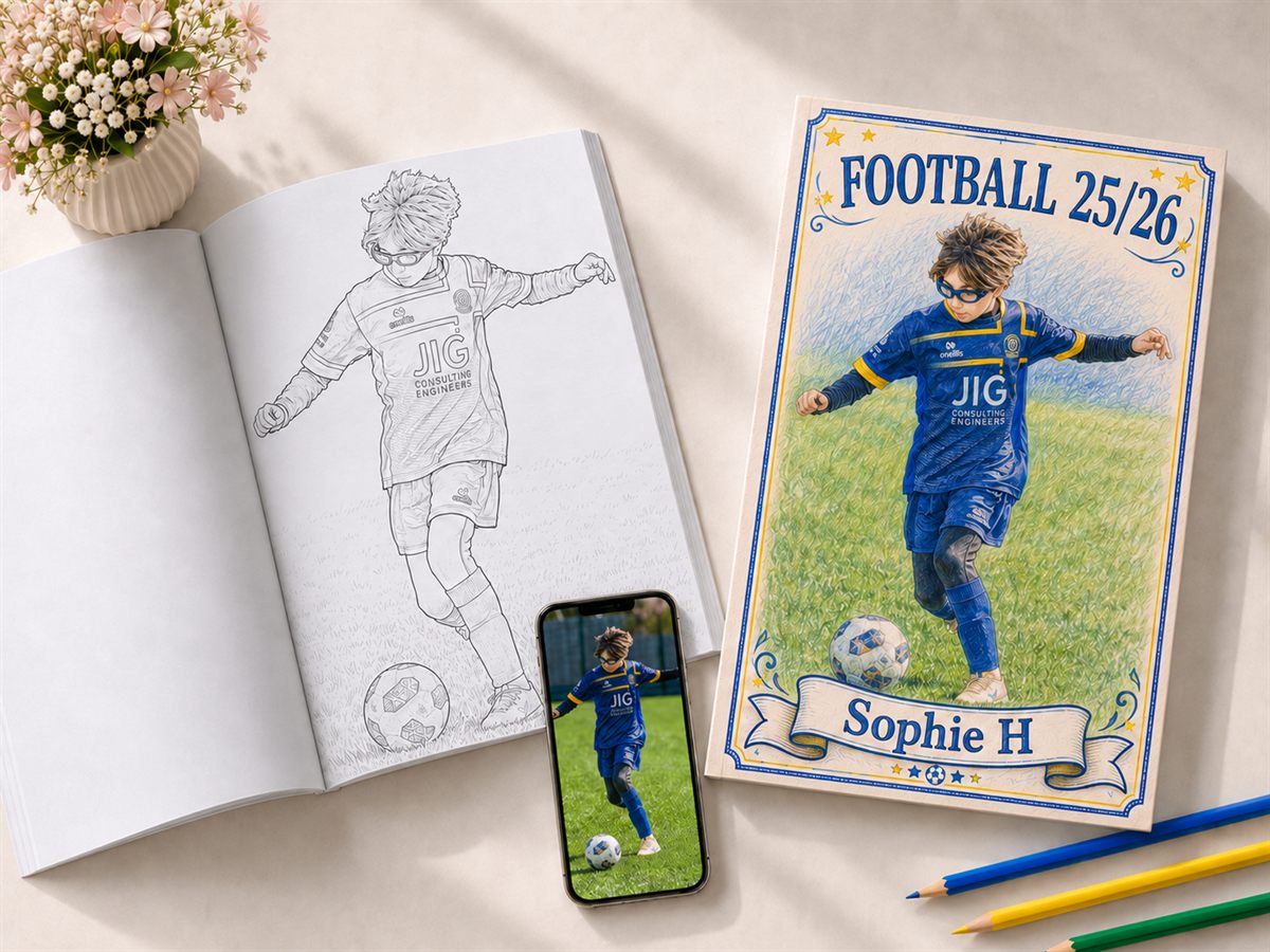 A photo of a child playing football on a phone, next to the same photo turned into a colouring book page and a coloured-in cover